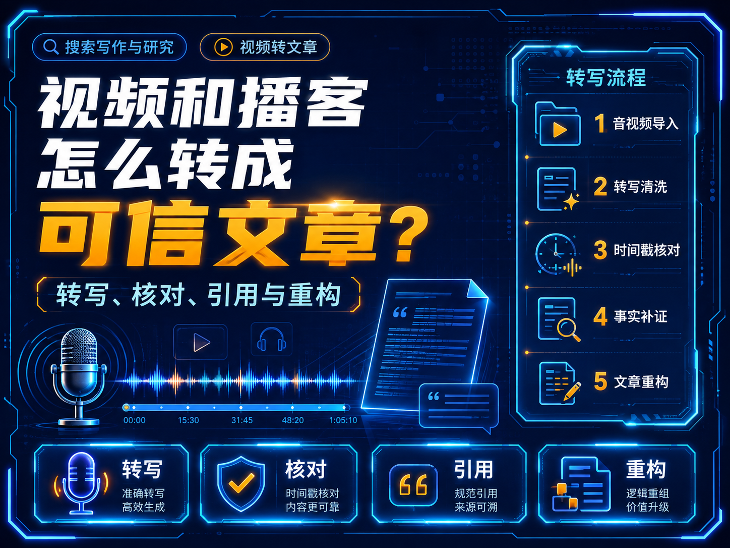 视频和播客怎么转成可信文章？转写、核对、引用与重构